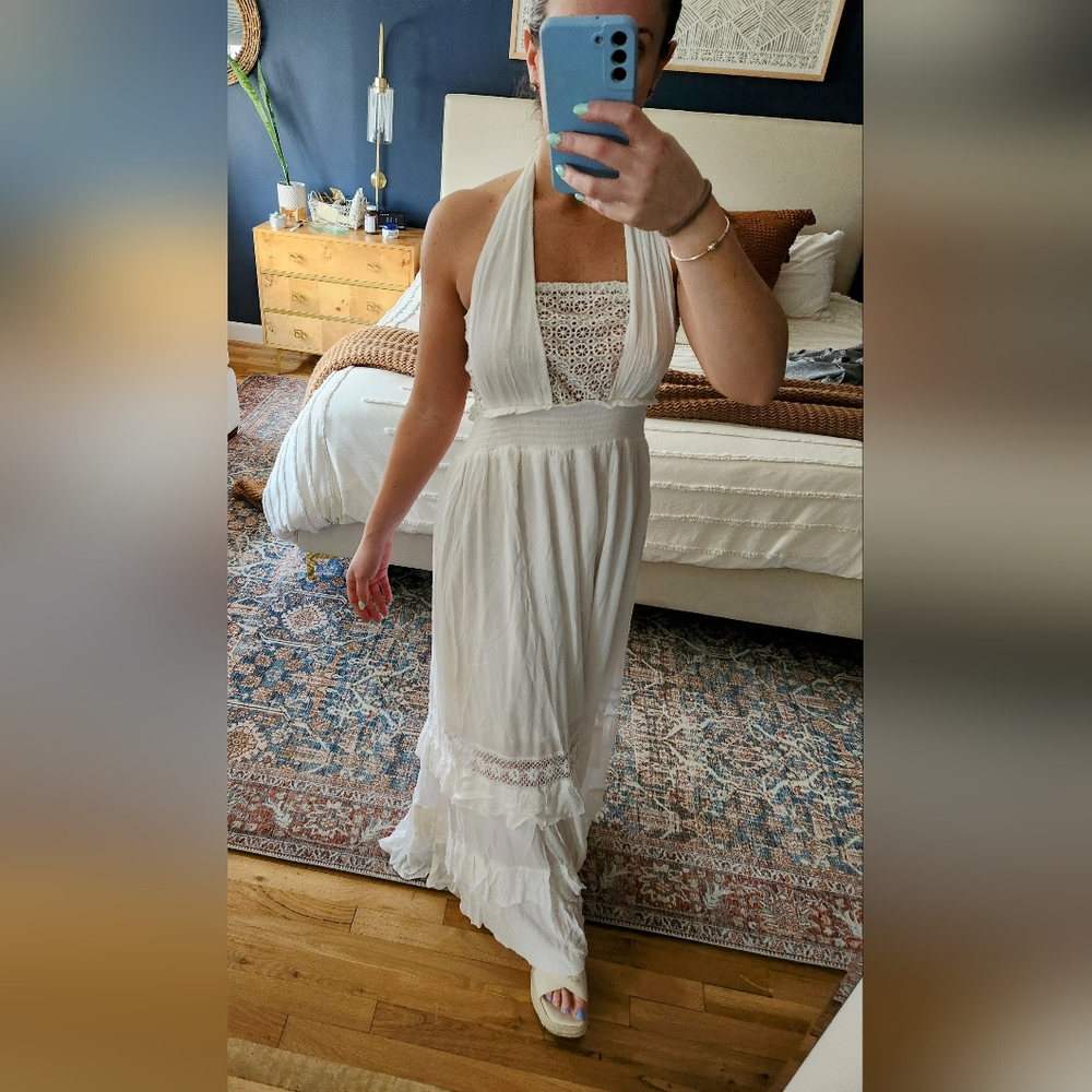 White Summer Beach Halter Crochet Smocked Ruffle Boho Long Maxi Dress